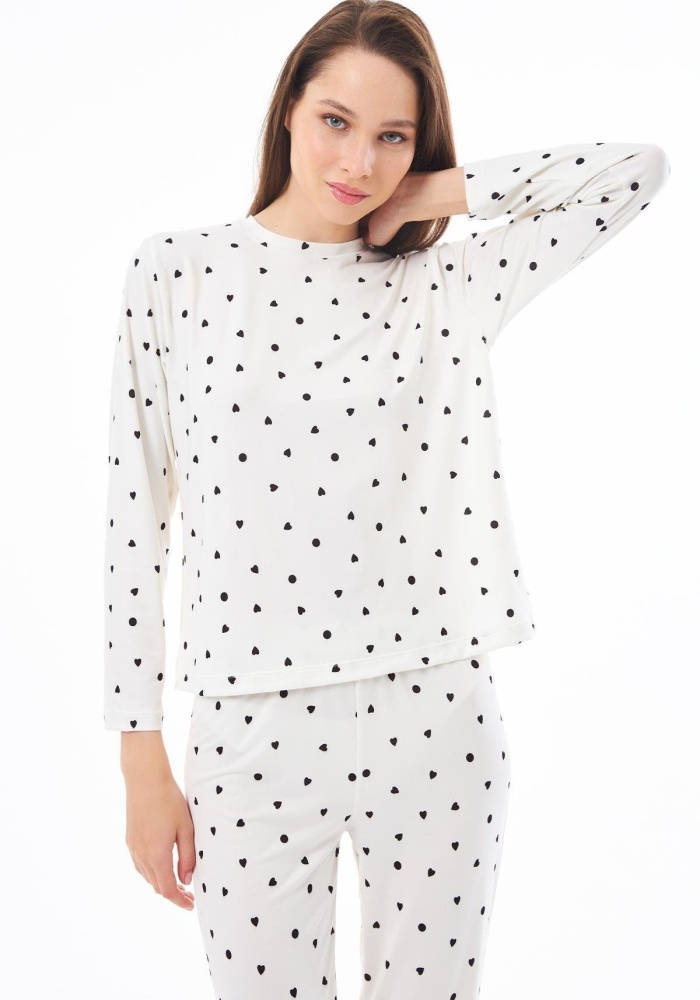 Desenli Yumuşak Dokulu Uzun Kollu Bisiklet Yaka Pijama Takımı CH1520