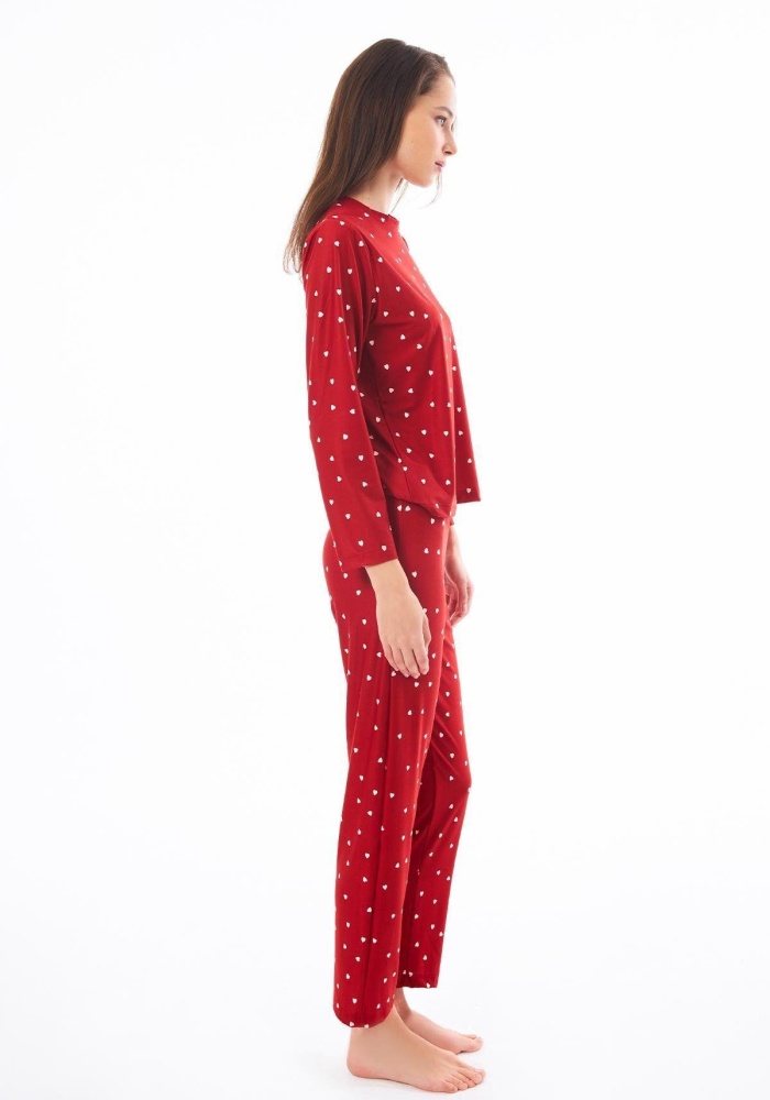 Desenli Yumuşak Dokulu Uzun Kollu Bisiklet Yaka Pijama Takımı CH1520