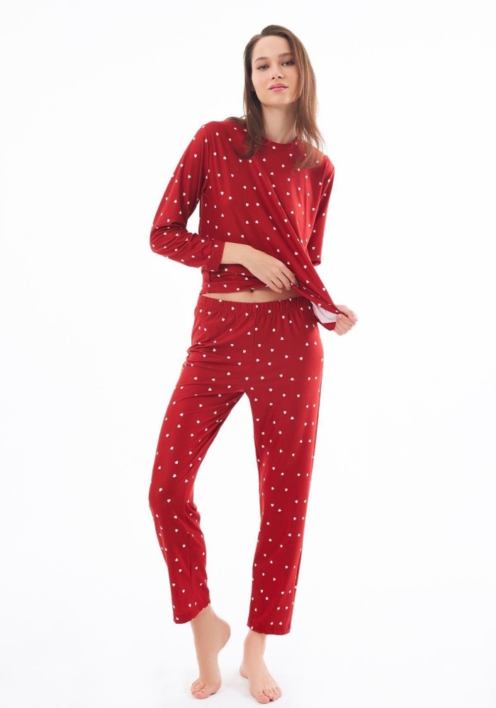 Desenli Yumuşak Dokulu Uzun Kollu Bisiklet Yaka Pijama Takımı CH1520