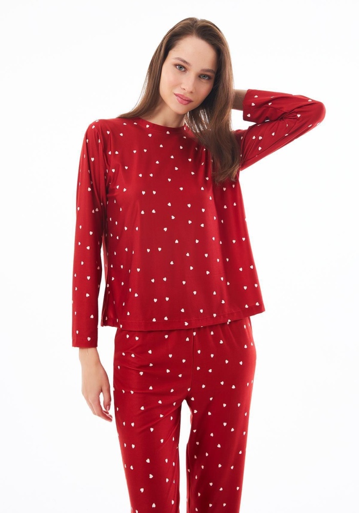 Desenli Yumuşak Dokulu Uzun Kollu Bisiklet Yaka Pijama Takımı CH1520