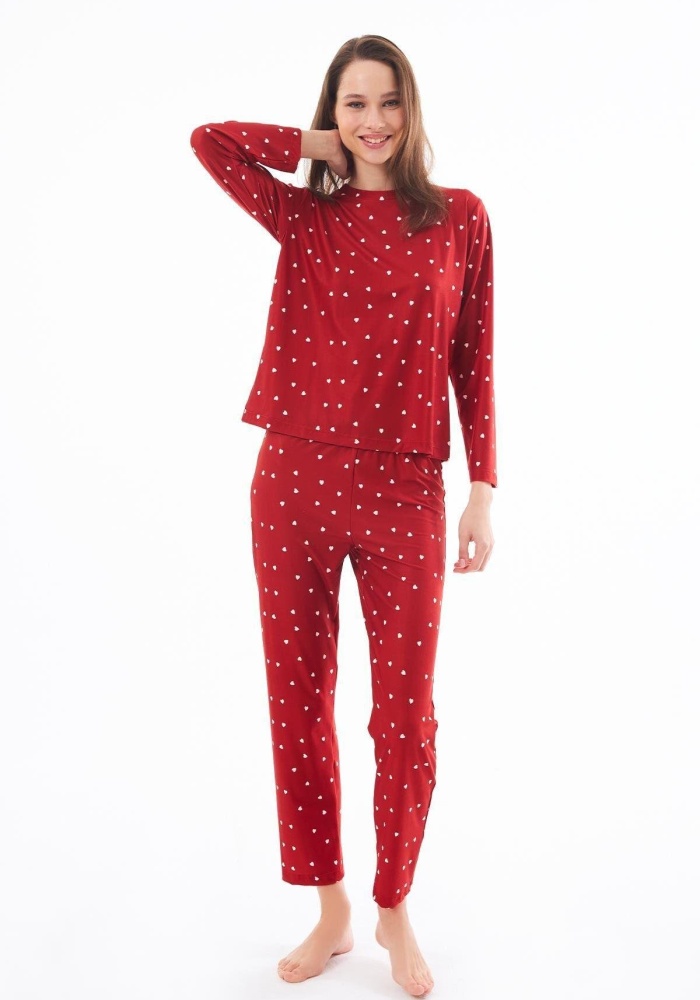 Desenli Yumuşak Dokulu Uzun Kollu Bisiklet Yaka Pijama Takımı CH1520