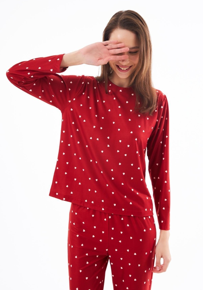 Desenli Yumuşak Dokulu Uzun Kollu Bisiklet Yaka Pijama Takımı CH1520