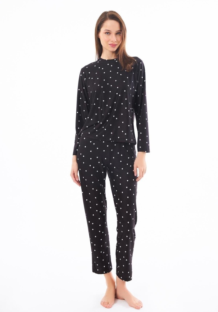 Desenli Yumuşak Dokulu Uzun Kollu Bisiklet Yaka Pijama Takımı CH1520