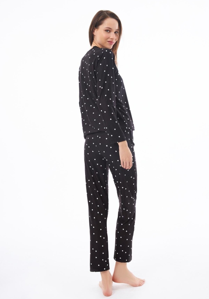 Desenli Yumuşak Dokulu Uzun Kollu Bisiklet Yaka Pijama Takımı CH1520