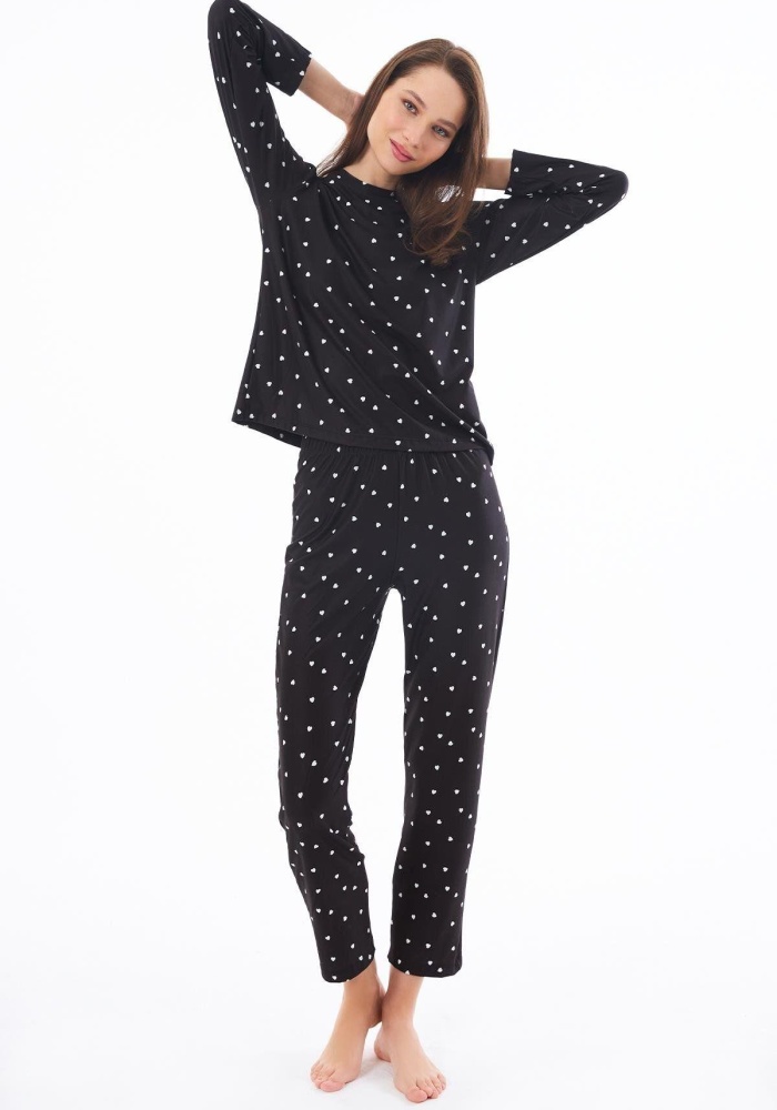 Desenli Yumuşak Dokulu Uzun Kollu Bisiklet Yaka Pijama Takımı CH1520