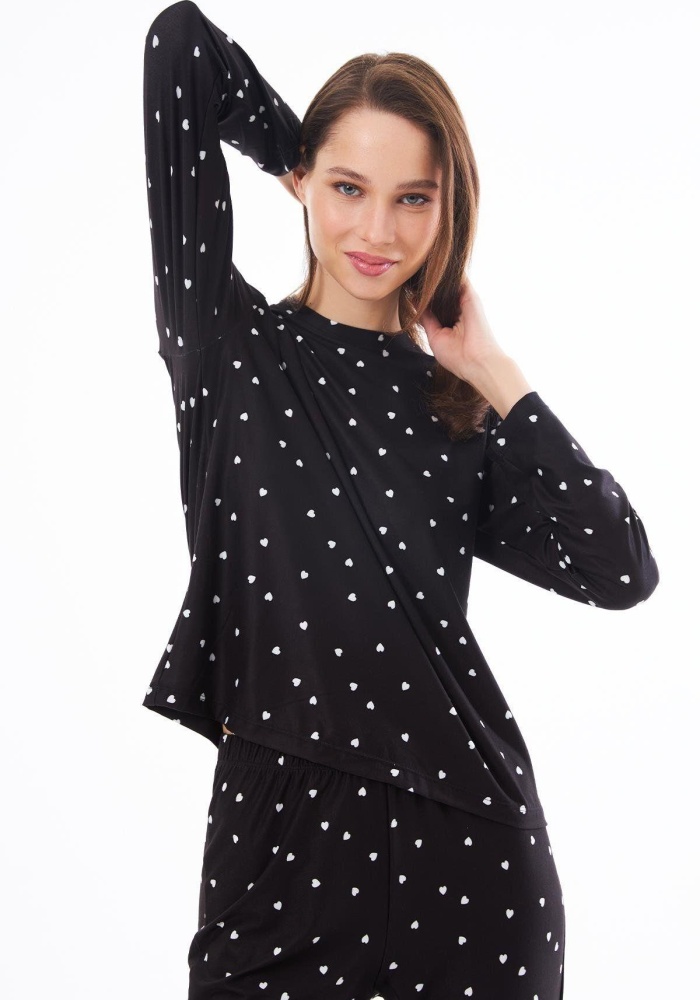 Desenli Yumuşak Dokulu Uzun Kollu Bisiklet Yaka Pijama Takımı CH1520