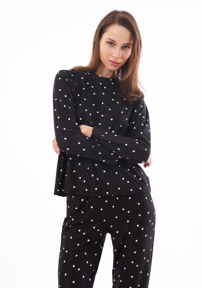 Desenli Yumuşak Dokulu Uzun Kollu Bisiklet Yaka Pijama Takımı CH1520