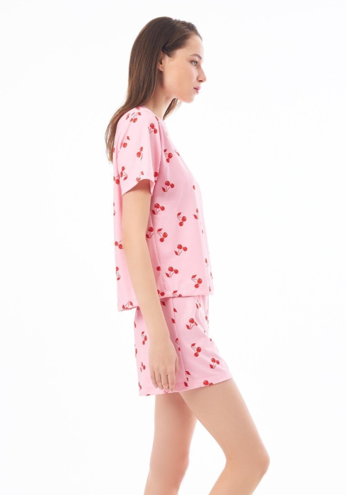 Desenli Yumuşak Dokulu Uzun Kollu Bisiklet Yaka Şortlu Pijama Takımı CH1521