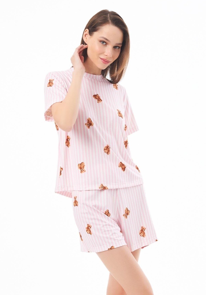 Desenli Yumuşak Dokulu Uzun Kollu Bisiklet Yaka Şortlu Pijama Takımı CH1521