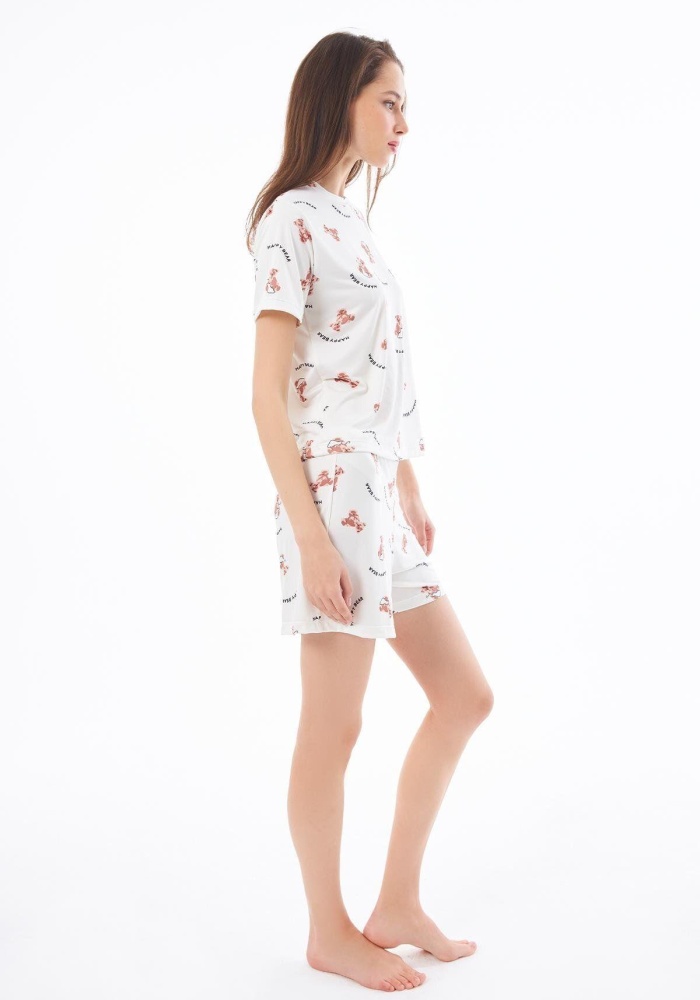 Desenli Yumuşak Dokulu Uzun Kollu Bisiklet Yaka Şortlu Pijama Takımı CH1521