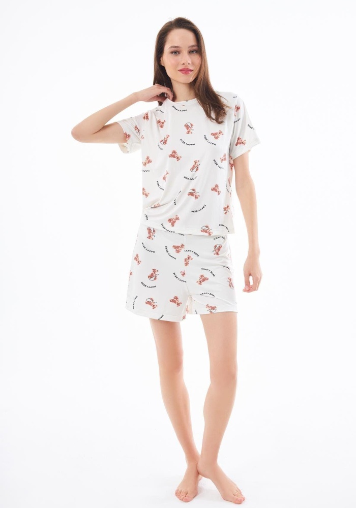 Desenli Yumuşak Dokulu Uzun Kollu Bisiklet Yaka Şortlu Pijama Takımı CH1521