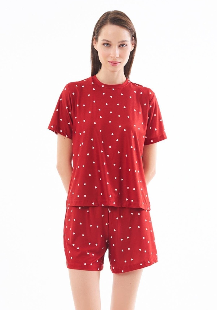 Desenli Yumuşak Dokulu Uzun Kollu Bisiklet Yaka Şortlu Pijama Takımı CH1521