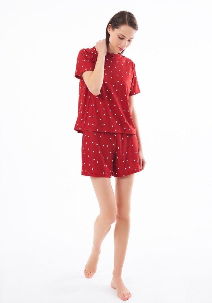 Desenli Yumuşak Dokulu Uzun Kollu Bisiklet Yaka Şortlu Pijama Takımı CH1521