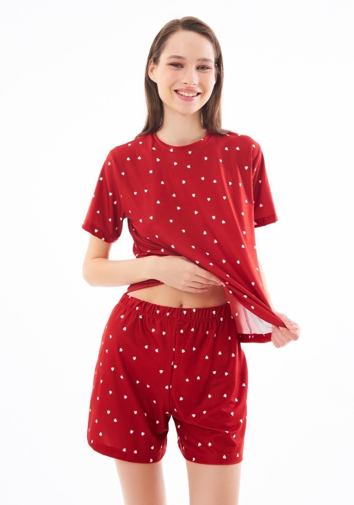 Desenli Yumuşak Dokulu Uzun Kollu Bisiklet Yaka Şortlu Pijama Takımı CH1521