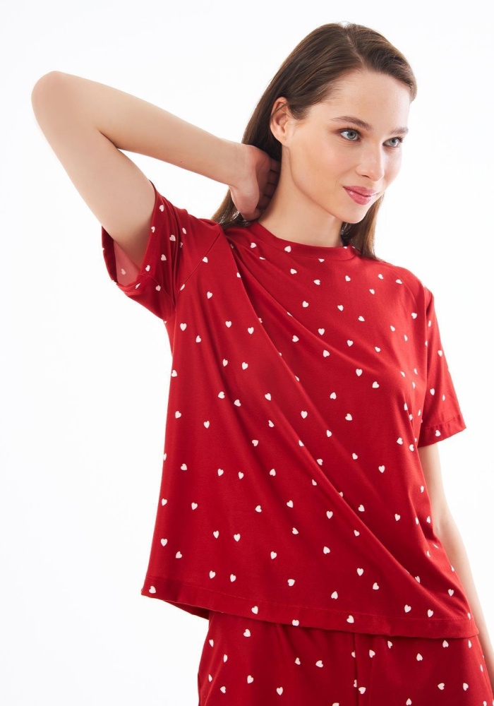 Desenli Yumuşak Dokulu Uzun Kollu Bisiklet Yaka Şortlu Pijama Takımı CH1521