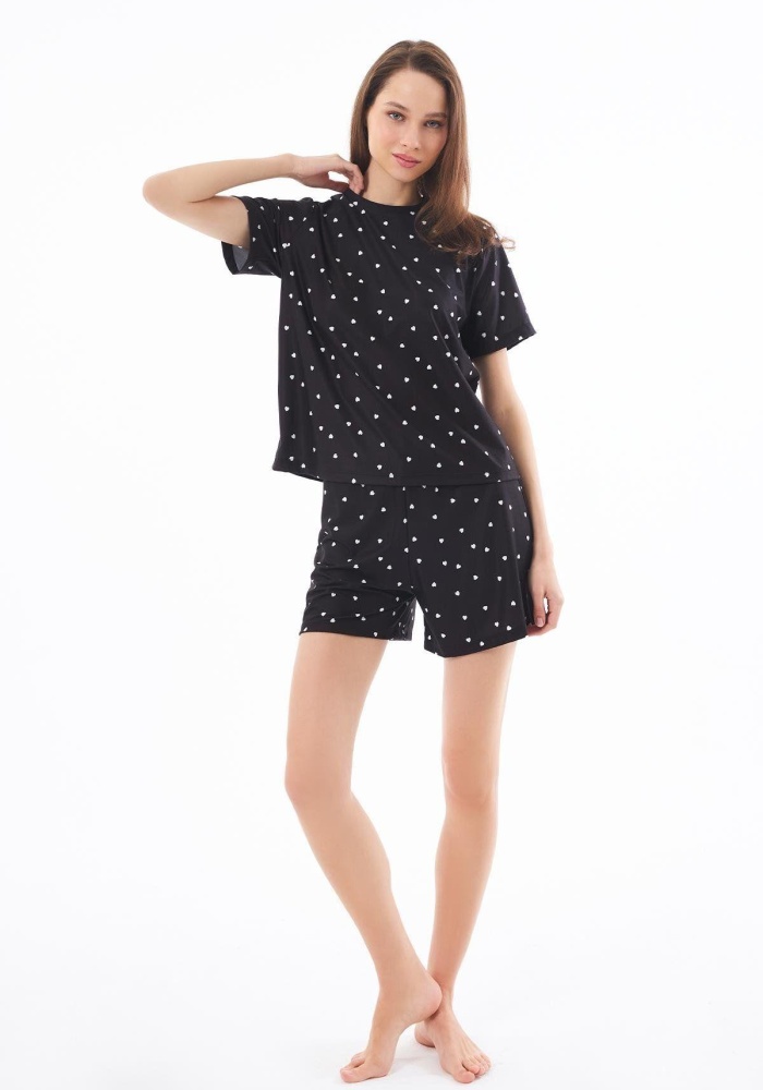 Desenli Yumuşak Dokulu Uzun Kollu Bisiklet Yaka Şortlu Pijama Takımı CH1521