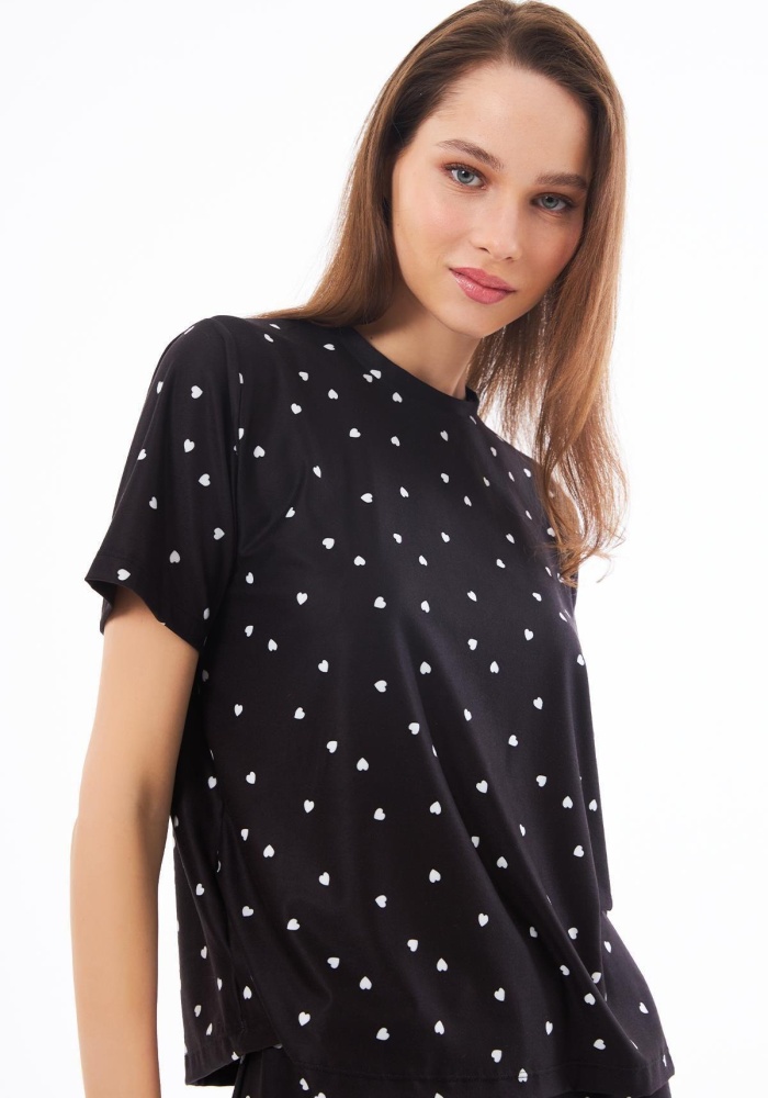 Desenli Yumuşak Dokulu Uzun Kollu Bisiklet Yaka Şortlu Pijama Takımı CH1521