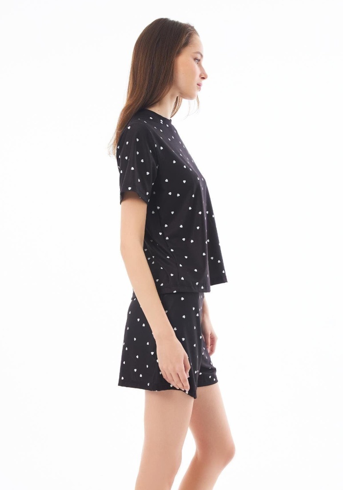 Desenli Yumuşak Dokulu Uzun Kollu Bisiklet Yaka Şortlu Pijama Takımı CH1521