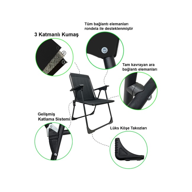 Kamp Sandalyesi Katlanır Piknik Sandalye Dikdörtgen Bardaklıklı Siyah
