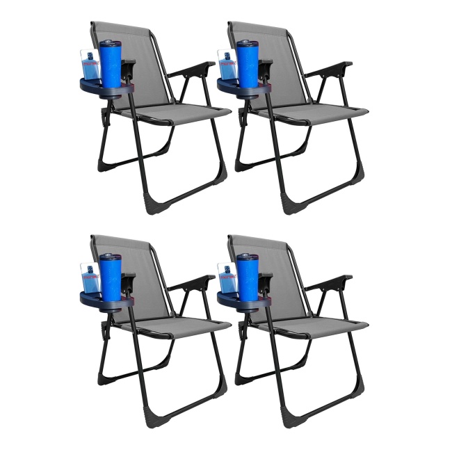 4 Adet Kamp Sandalyesi Katlanır Piknik Sandalye Oval Bardaklıklı Gri