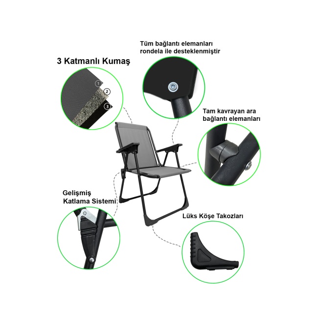 4 Adet Kamp Sandalyesi Katlanır Piknik Sandalye Oval Bardaklıklı Gri