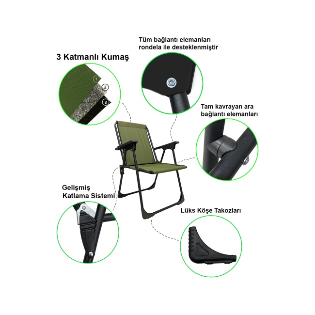 3 Adet Kamp Sandalyesi Katlanır Piknik Sandalye Yeşil