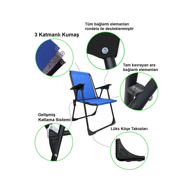 4 Adet Kamp Sandalyesi Katlanır Piknik Sandalye Dikdörtgen Bardaklıklı Mavi