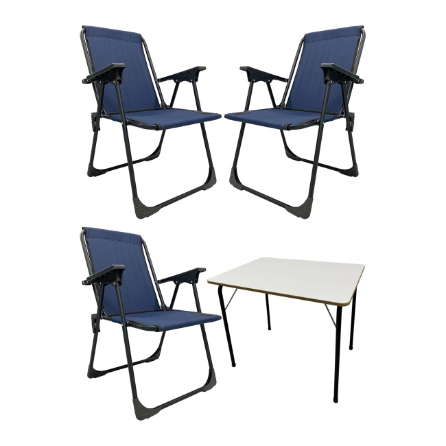 3 Adet Kamp Sandalyesi Piknik Sandalye Lacivert + Katlanır MDF Masa