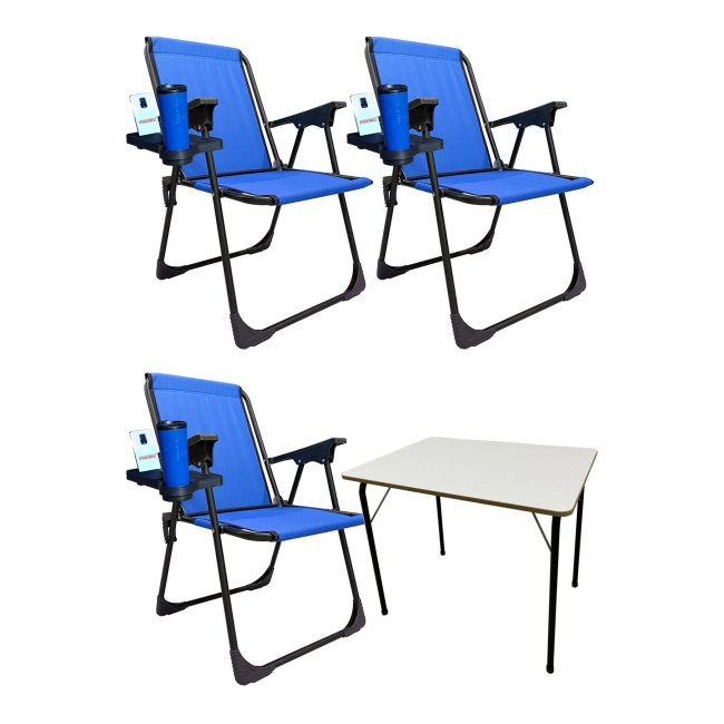 3 Adet Kamp Sandalyesi Piknik Sandalye Dikdörtgen Bardaklıklı Mavi + Katlanır MDF Masa