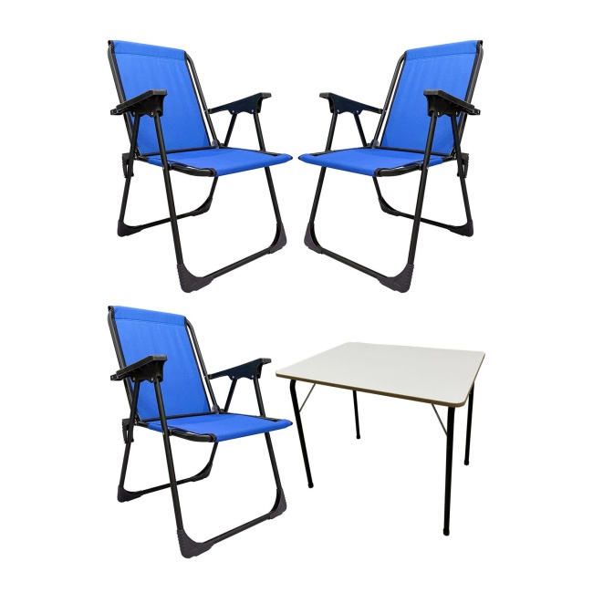 3 Adet Kamp Sandalyesi Piknik Sandalye Mavi + Katlanır MDF Masa
