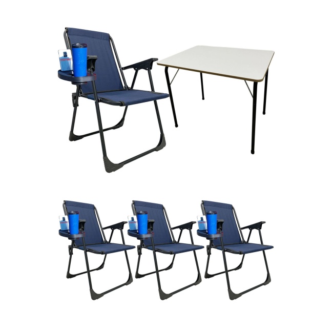4 Adet Kamp Sandalyesi Piknik Sandalye Oval Bardaklıklı Lacivert + Katlanır MDF Masa