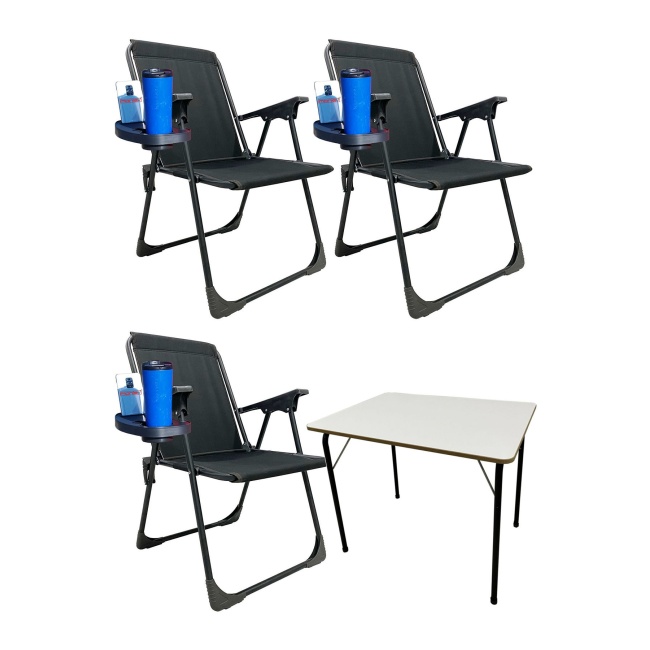 3 Adet Kamp Sandalyesi Piknik Sandalye Oval Bardaklıklı Siyah + Katlanır MDF Masa