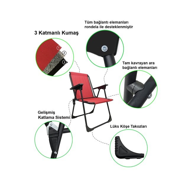 3 Adet Kamp Sandalyesi Piknik Sandalye Oval Bardaklıklı Kırmızı + Katlanır MDF Masa