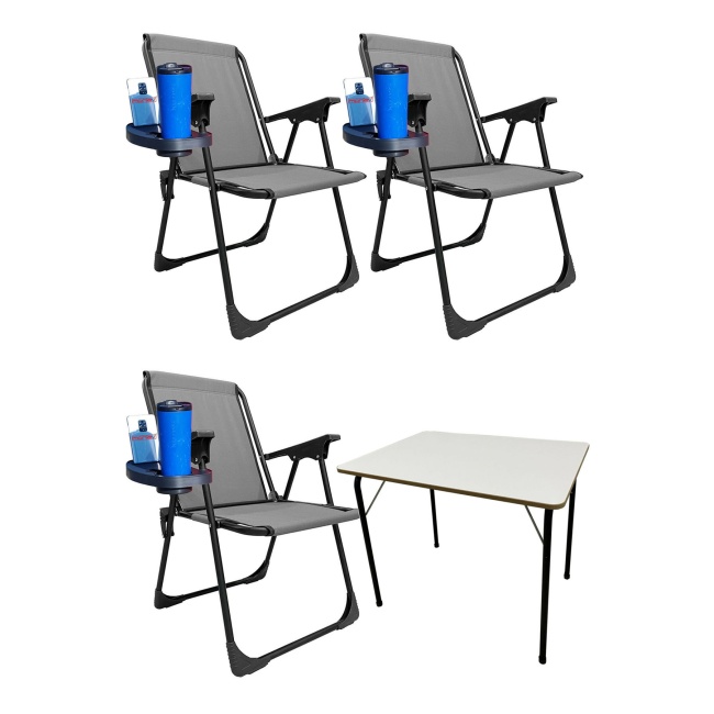 3 Adet Kamp Sandalyesi Piknik Sandalye Oval Bardaklıklı Gri + Katlanır MDF Masa