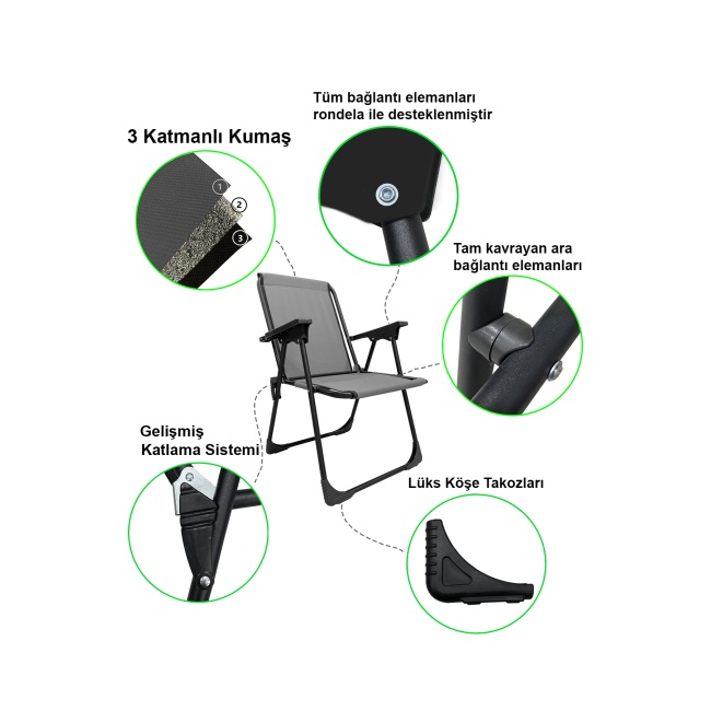 3 Adet Kamp Sandalyesi Piknik Sandalye Oval Bardaklıklı Gri + Katlanır MDF Masa