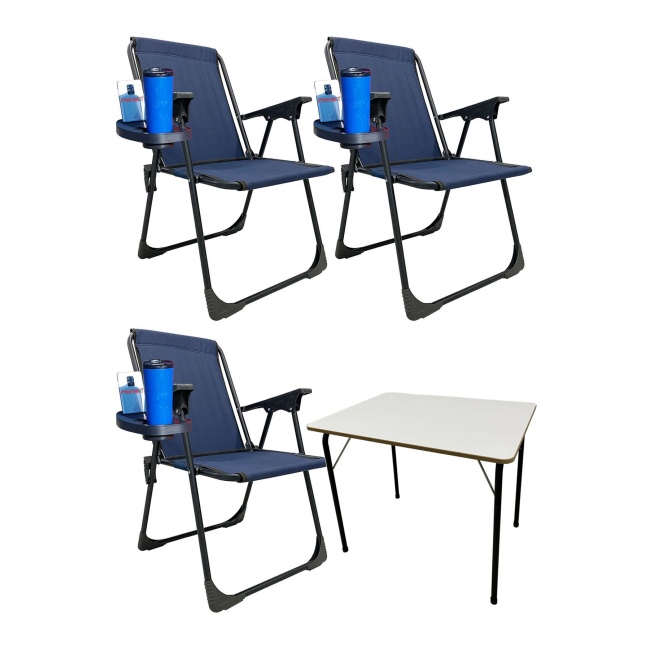 3 Adet Kamp Sandalyesi Piknik Sandalye Oval Bardaklıklı Lacivert + Katlanır MDF Masa