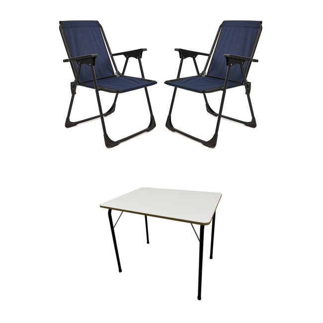 2 Adet Kamp Sandalyesi Piknik Sandalye Lacivert + Katlanır MDF Masa