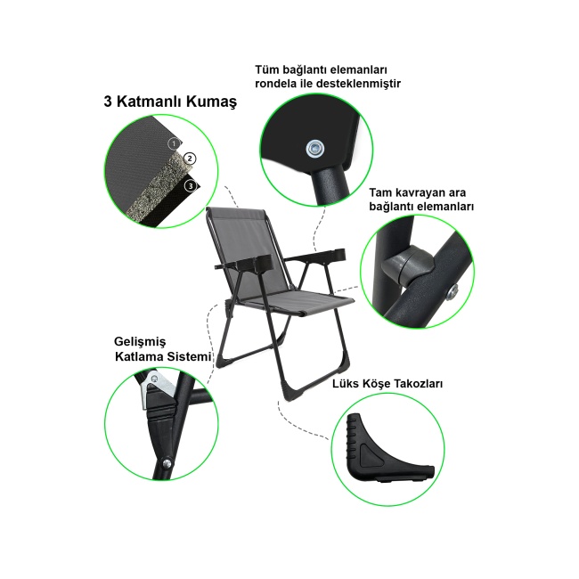 2 Adet Kamp Sandalyesi Bardaklıklı Lüks Piknik Sandalye Gri + Katlanır Mdf Masa