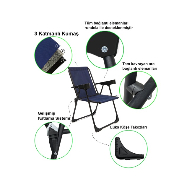 2 Adet Kamp Sandalyesi Bardaklıklı Lüks Piknik Sandalye Lacivert + Katlanır Mdf Masa