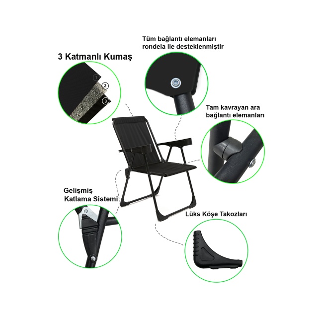 2 Adet Kamp Sandalyesi Bardaklıklı Lüks Piknik Sandalye Siyah + Katlanır Mdf Masa