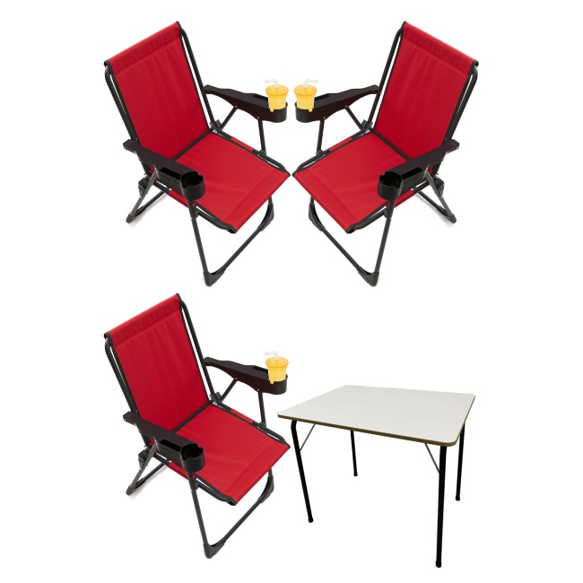 3 Adet Kamp Sandalyesi Bardaklıklı Lüks Piknik Sandalye Kırmızı + Katlanır Mdf Masa