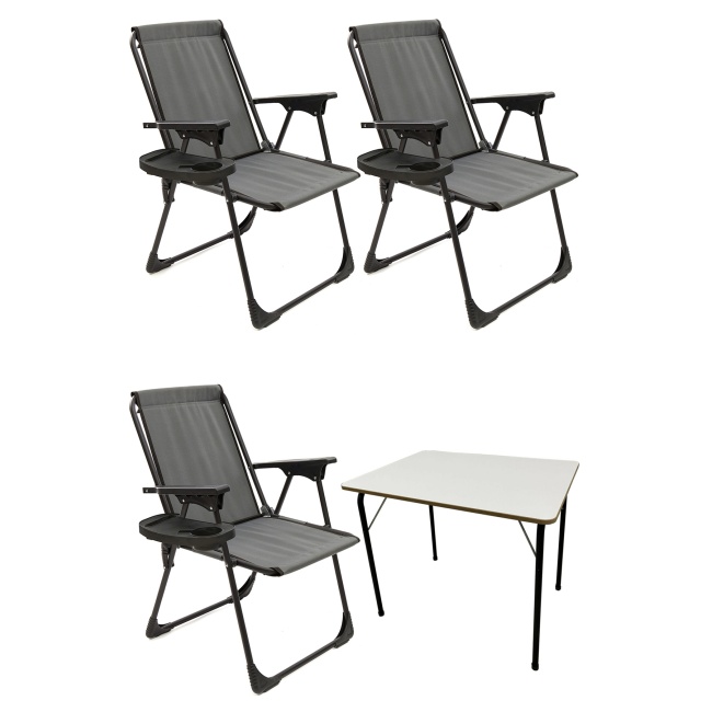 3 Adet Kamp Sandalyesi Piknik Sandalye Oval Bardaklıklı Gri + Katlanır MDF Masa