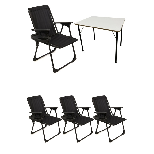 4 Adet Kamp Sandalyesi Piknik Sandalye Oval Bardaklıklı Siyah + Katlanır MDF Masa