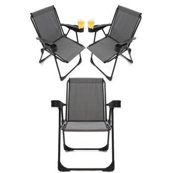 Silva 3 Adet Kamp Sandalyesi Bardaklıklı Lüks Piknik Sandalye Gri