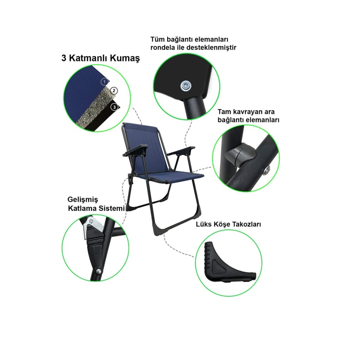 Natura 2 Adet Kamp Sandalyesi Katlanır Piknik Sandalye Oval Bardaklıklı Lacivert