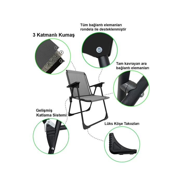 Natura Kamp Sandalyesi Katlanır Piknik Sandalye Oval Bardaklıklı Gri