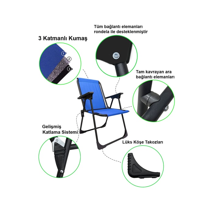 Natura 3 Adet Kamp Sandalyesi Katlanır Piknik Sandalye Mavi