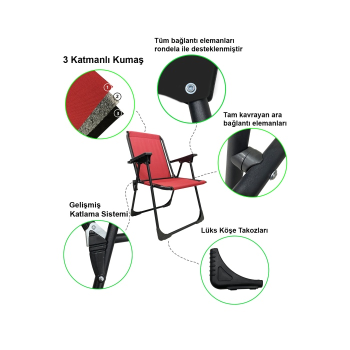 Natura 4 Adet Kamp Sandalyesi Katlanır Piknik Sandalye Oval Bardaklıklı Kırmızı