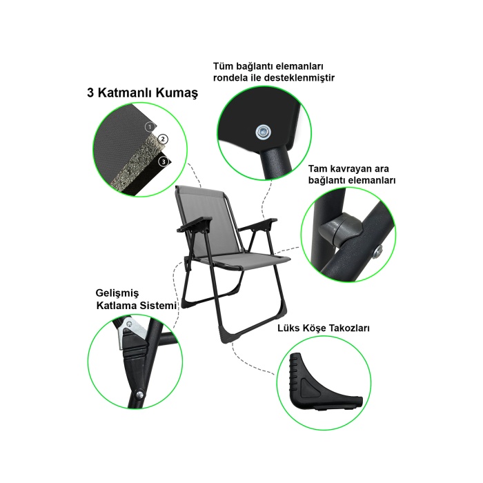 Natura 3 Adet Kamp Sandalyesi Katlanır Piknik Sandalye Oval Bardaklıklı Gri
