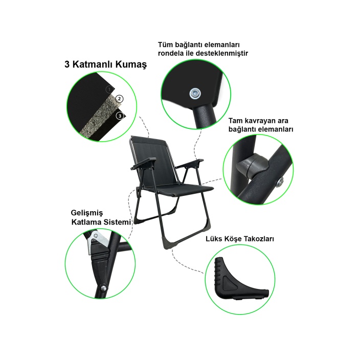 Natura 3 Adet Katlanır Kamp Sandalyesi Piknik Sandalyesi Oval Bardaklıklı Siyah